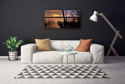 Canvas print Sea boat landscape black yellow brown