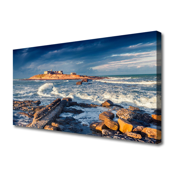 Canvas print Sea stones landscape blue yellow grey