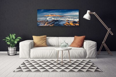 Canvas print Sea stones landscape blue yellow grey