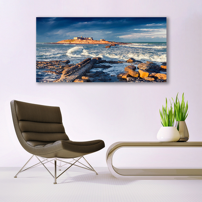 Canvas print Sea stones landscape blue yellow grey