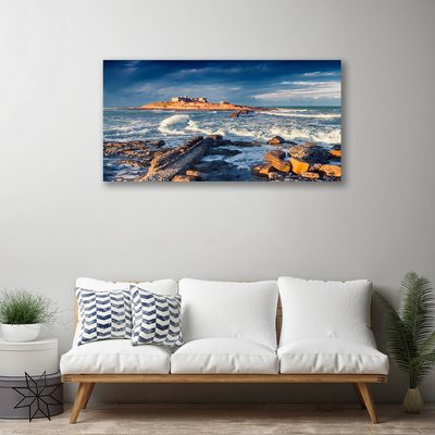 Canvas print Sea stones landscape blue yellow grey