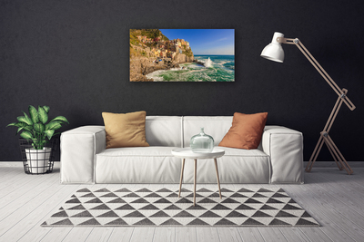 Canvas print Sea mountains landscape brown blue