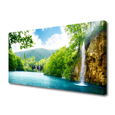 Canvas print Waterfall lake trees nature white blue green