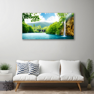 Canvas print Waterfall lake trees nature white blue green