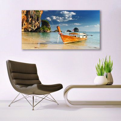 Canvas print Boat sea landscape yellow blue