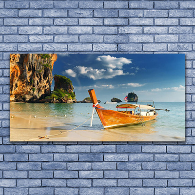 Canvas print Boat sea landscape yellow blue