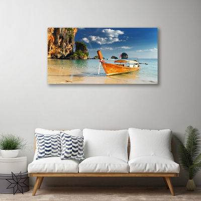 Canvas print Boat sea landscape yellow blue