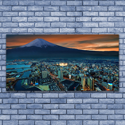 Canvas print City mountains houses blue grey yellow