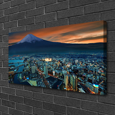 Canvas print City mountains houses blue grey yellow