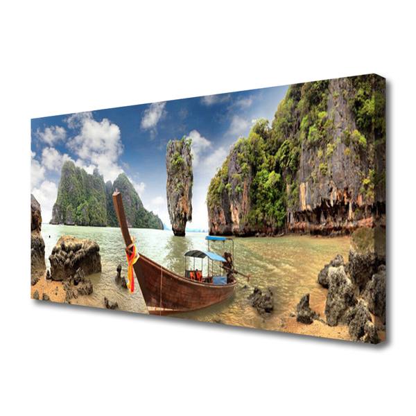 Canvas print Boat mountain stones landscape brown grey green