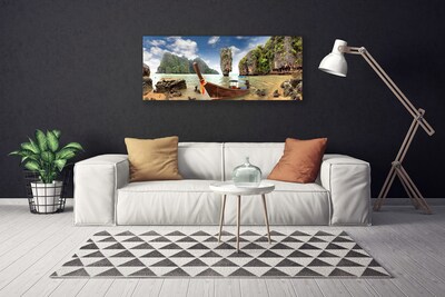 Canvas print Boat mountain stones landscape brown grey green