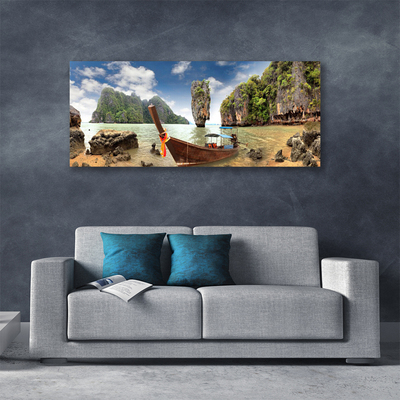 Canvas print Boat mountain stones landscape brown grey green