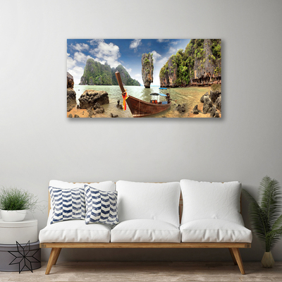 Canvas print Boat mountain stones landscape brown grey green