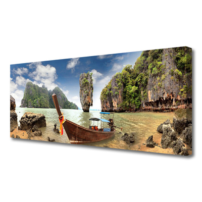 Canvas print Boat mountain stones landscape brown grey green