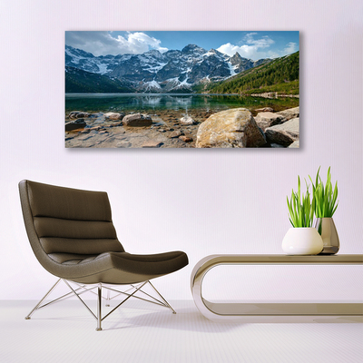 Canvas print Mountain lake stones landscape grey blue green white