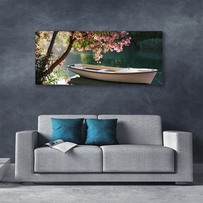 Canvas print Boat tree landscape white blue brown green