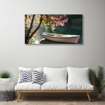 Canvas print Boat tree landscape white blue brown green