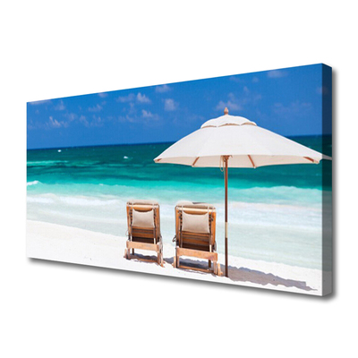 Canvas print Beach deck chairs landscape brown white