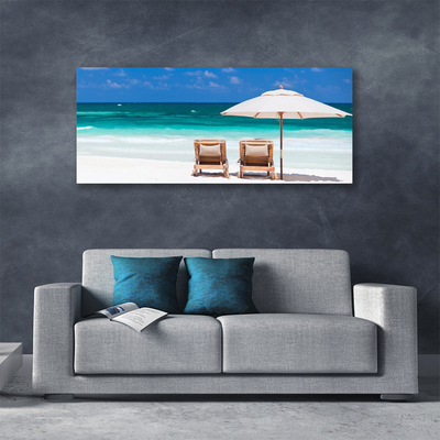 Canvas print Beach deck chairs landscape brown white