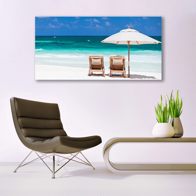 Canvas print Beach deck chairs landscape brown white