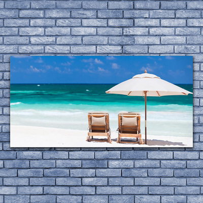 Canvas print Beach deck chairs landscape brown white