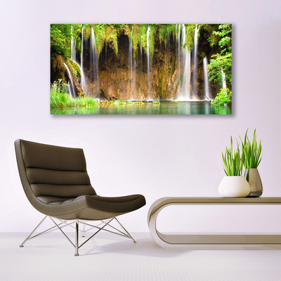 Canvas print Waterfall nature brown green blue white
