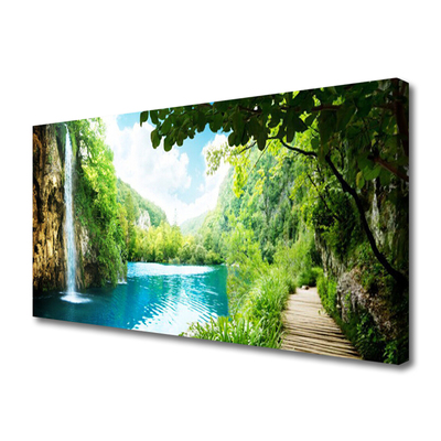 Canvas print Waterfall lake trees nature white blue brown green