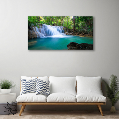 Canvas print Waterfall lake forest nature blue brown white green