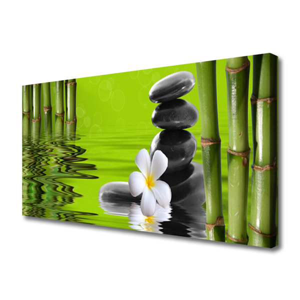 Canvas print Bamboo tube flower stones art green black white