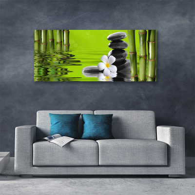 Canvas print Bamboo tube flower stones art green black white