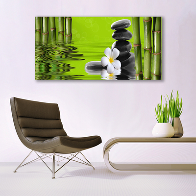 Canvas print Bamboo tube flower stones art green black white