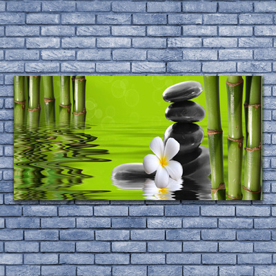 Canvas print Bamboo tube flower stones art green black white