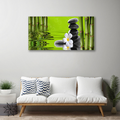 Canvas print Bamboo tube flower stones art green black white