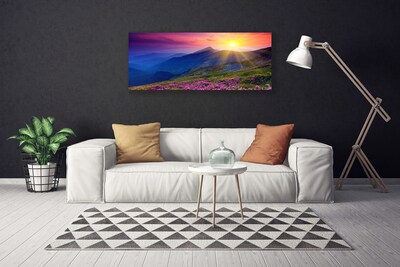 Canvas print Mountains flower meadow landscape blue pink green yellow