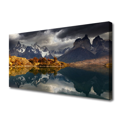 Canvas print Mountain lake landscape grey yellow white