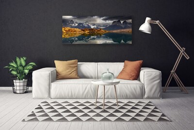 Canvas print Mountain lake landscape grey yellow white