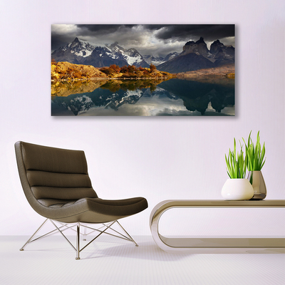 Canvas print Mountain lake landscape grey yellow white