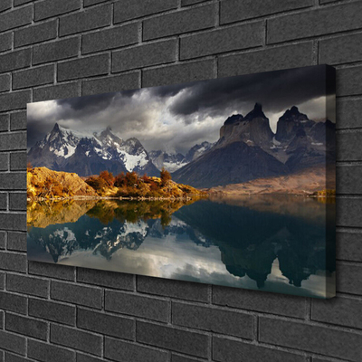 Canvas print Mountain lake landscape grey yellow white