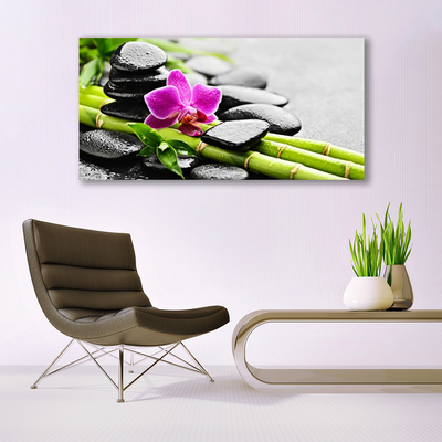 Canvas print Bamboo tube flower stones art green red black