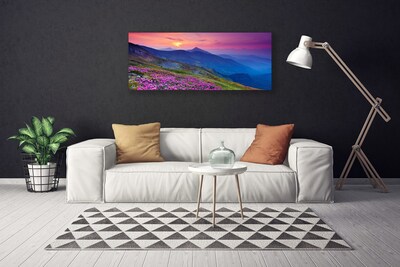 Canvas print Mountains meadow flowers landscape blue pink green yellow