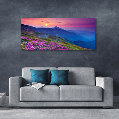 Canvas print Mountains meadow flowers landscape blue pink green yellow