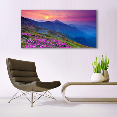 Canvas print Mountains meadow flowers landscape blue pink green yellow