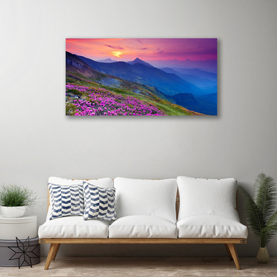 Canvas print Mountains meadow flowers landscape blue pink green yellow