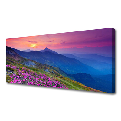 Canvas print Mountains meadow flowers landscape blue pink green yellow