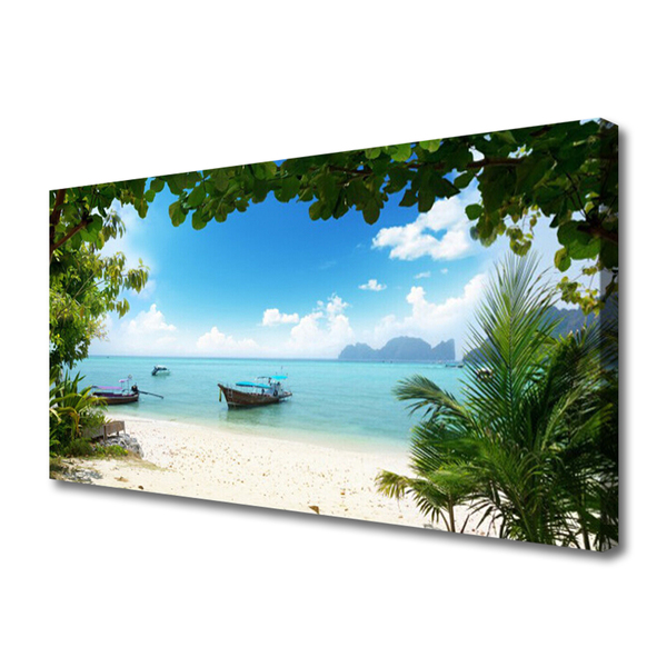 Canvas print Sea boat landscape brown blue