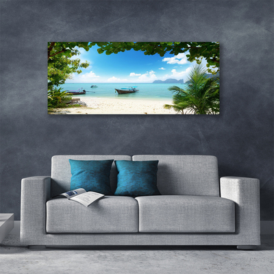 Canvas print Sea boat landscape brown blue