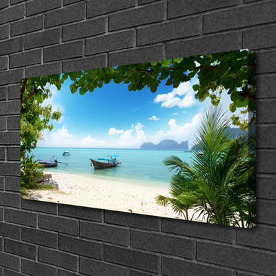 Canvas print Sea boat landscape brown blue