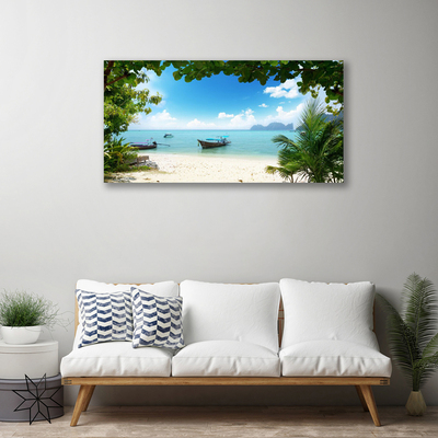 Canvas print Sea boat landscape brown blue