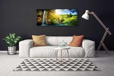 Canvas print Waterfall trees landscape blue white green brown