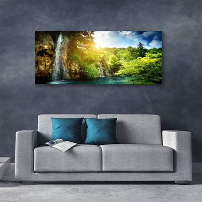 Canvas print Waterfall trees landscape blue white green brown